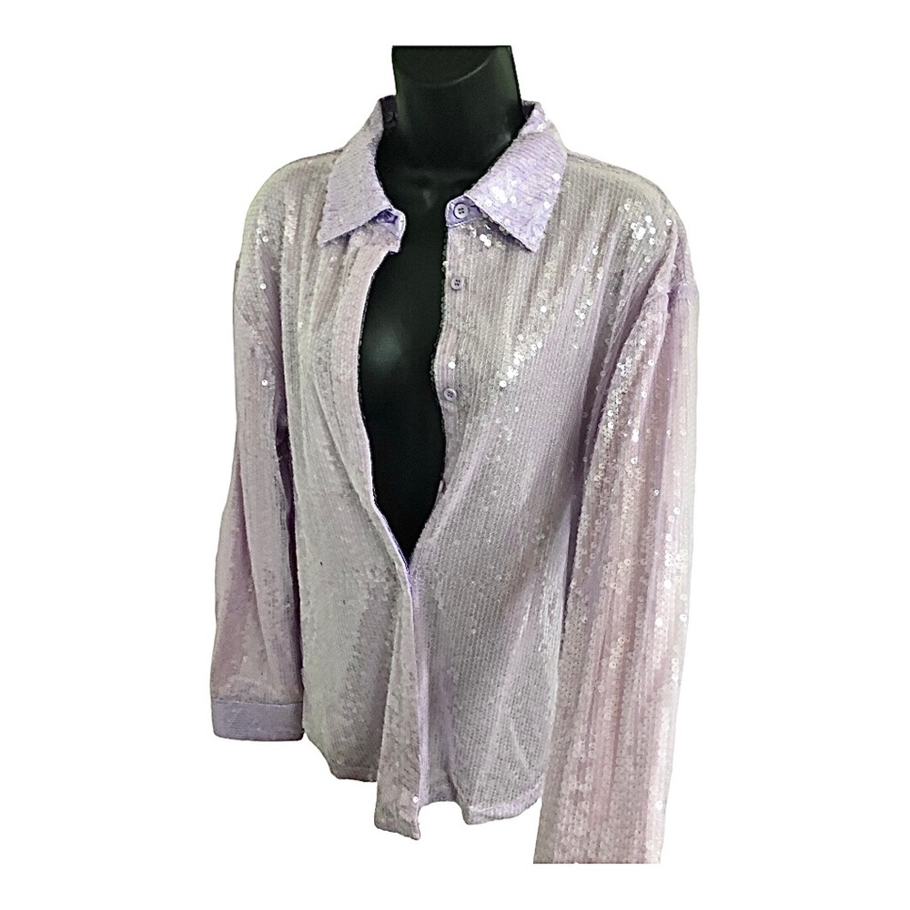 Purple lavender sequin buttoned down long sleeve top shirt blouse size large new